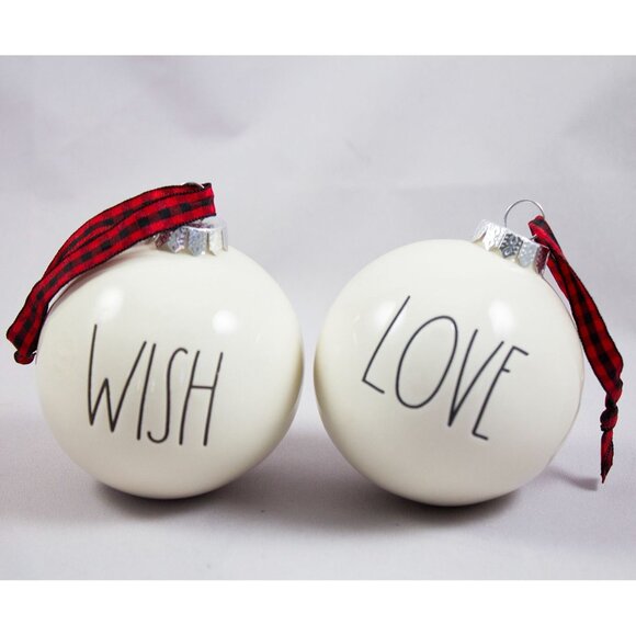 Rae Dunn Artisan Collection by Magenta 2 White Ceramic Ball Ornaments Wish Love - Picture 1 of 4